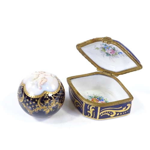 172 - A painted and gilded porcelain globular parasol handle, diameter 4cm, and a French painted porcelain... 