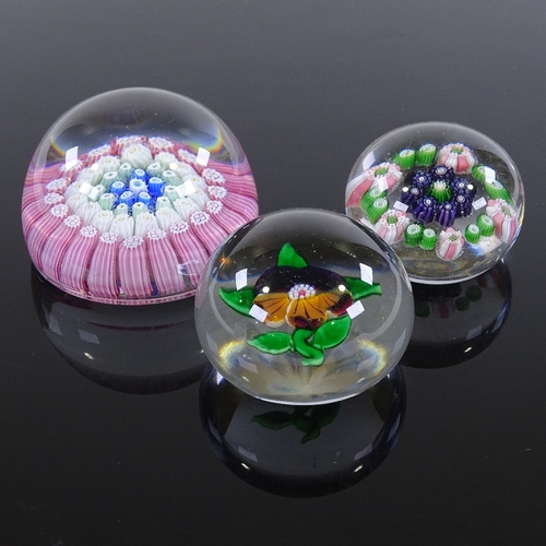 186 - 3 various Millefiori glass paperweights, largest 5.5cm across