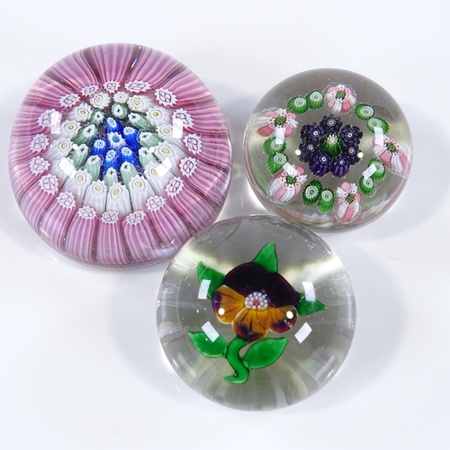 186 - 3 various Millefiori glass paperweights, largest 5.5cm across