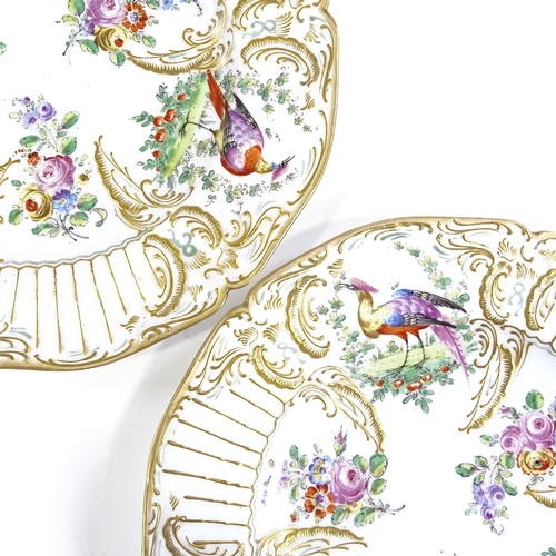 196 - A pair of 19th Continental porcelain plates, with relief-moulded hand painted and gilded exotic bird... 