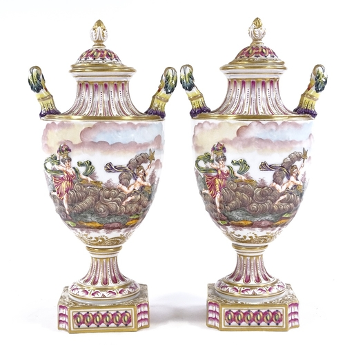 205 - A pair of Naples porcelain 2-handled vases and covers, with relief-moulded hand painted and gilded C... 