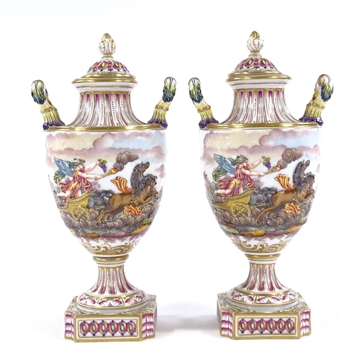 205 - A pair of Naples porcelain 2-handled vases and covers, with relief-moulded hand painted and gilded C... 