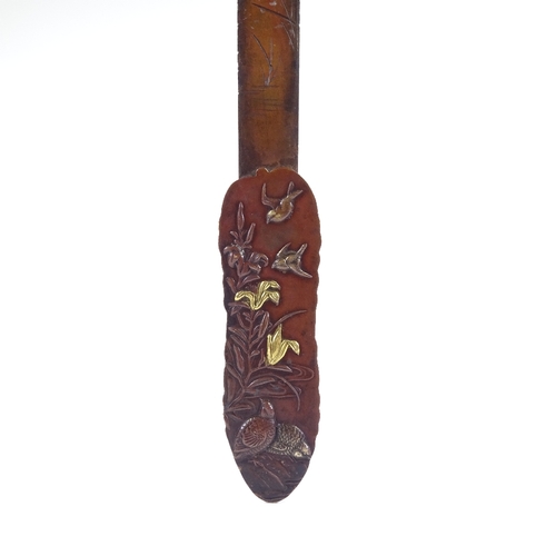 207 - A Japanese Meiji Period paper knife with gilded and patinated handle, depicting birds and insects, l... 