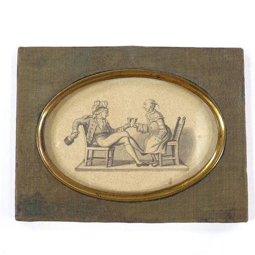 214 - An 18th/19th century miniature ink drawing depicting 2 gentlemen, unsigned, in gilt-metal and silk f... 