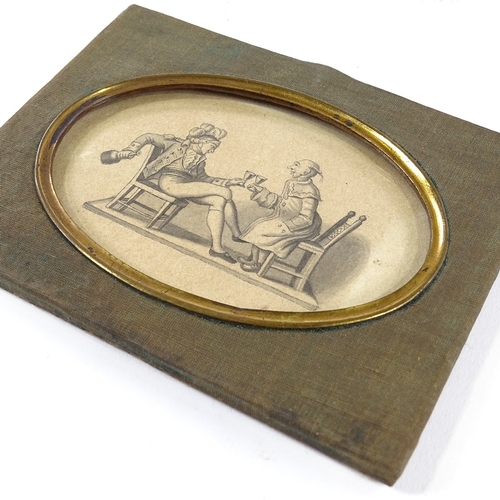 214 - An 18th/19th century miniature ink drawing depicting 2 gentlemen, unsigned, in gilt-metal and silk f... 