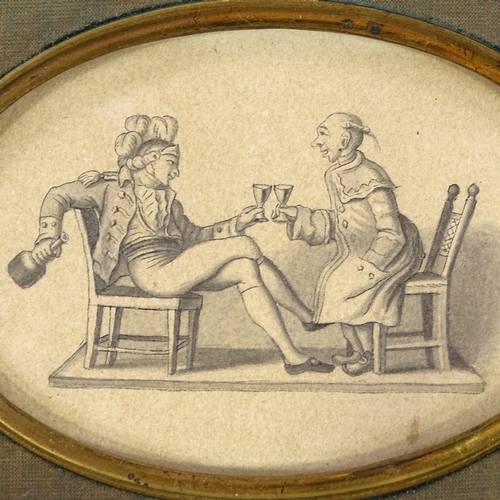 214 - An 18th/19th century miniature ink drawing depicting 2 gentlemen, unsigned, in gilt-metal and silk f... 