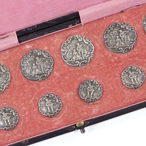 226 - A set of 6 large and 6 small silver buttons decorated with a serenading couple, hallmarks Birmingham... 