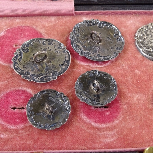 226 - A set of 6 large and 6 small silver buttons decorated with a serenading couple, hallmarks Birmingham... 