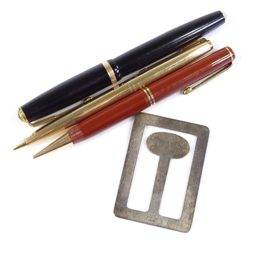 232 - A Parker 61 fountain pen, a Parker Duo-fold pen and pencil, and a silver money clip (4)