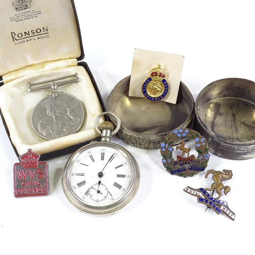 236 - A mixed group of items, including nickel plate pocket watch, enamel badges, Second War Period Genera... 