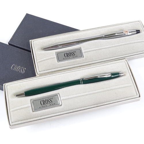 250 - 2 Cross ball pens, 1 in polished stainless steel, the other British racing green, both new and boxed