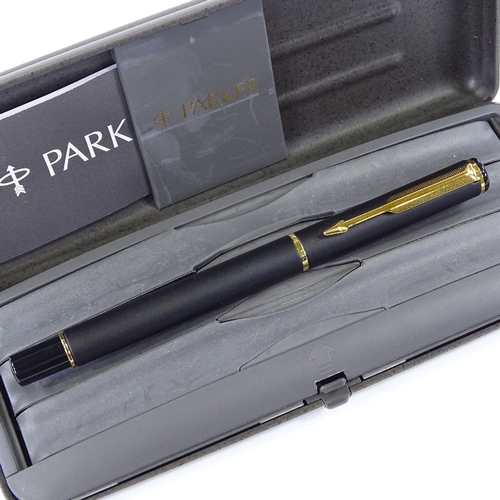 252 - A Parker Rialto fountain pen in matte black and gold, new and boxed