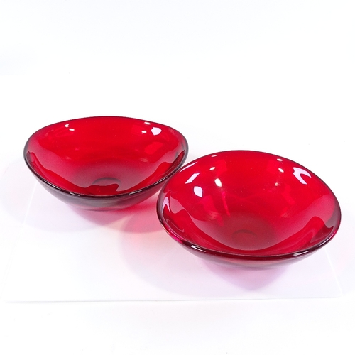 270 - A pair of Whitefriars ruby red 3-sided bowls, designed by Geoffrey Baxter 1960-'63, 24.5cm across