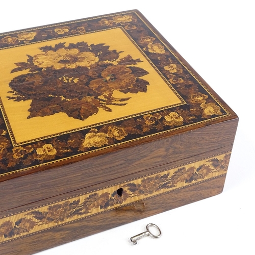 281 - A Victorian Tunbridge Ware handkerchief box with floral micromosaic lid and key, width 18cm