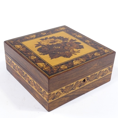 281 - A Victorian Tunbridge Ware handkerchief box with floral micromosaic lid and key, width 18cm