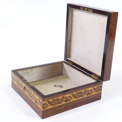 281 - A Victorian Tunbridge Ware handkerchief box with floral micromosaic lid and key, width 18cm