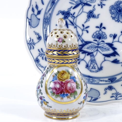 287 - A Sevres style painted and gilded porcelain sugar caster, height 11cm, and a Meissen blue and white ... 