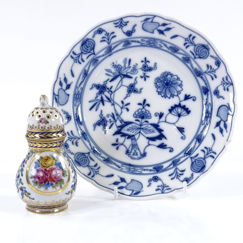 287 - A Sevres style painted and gilded porcelain sugar caster, height 11cm, and a Meissen blue and white ... 