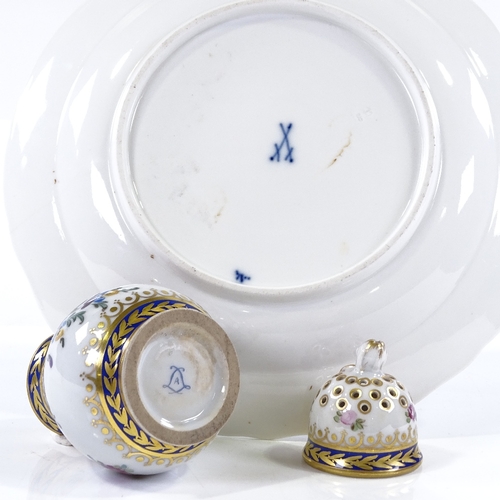 287 - A Sevres style painted and gilded porcelain sugar caster, height 11cm, and a Meissen blue and white ... 