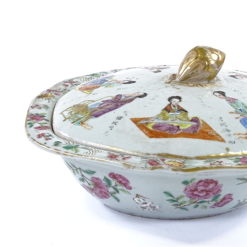 296 - A Chinese Canton enamel tureen cover, with painted and gilded figures and text, length 28cm