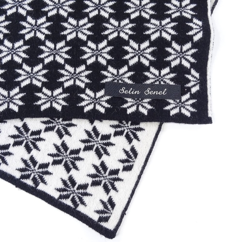 305 - Selin Senel, black and white pattern wool scarf, 178cm x 23cm