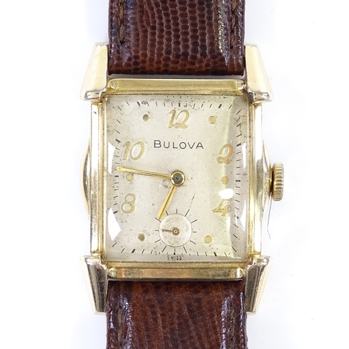 358 - BULOVA - an Art Deco gold plated mechanical wristwatch, champagne dial with Deco Arabic numerals, su... 