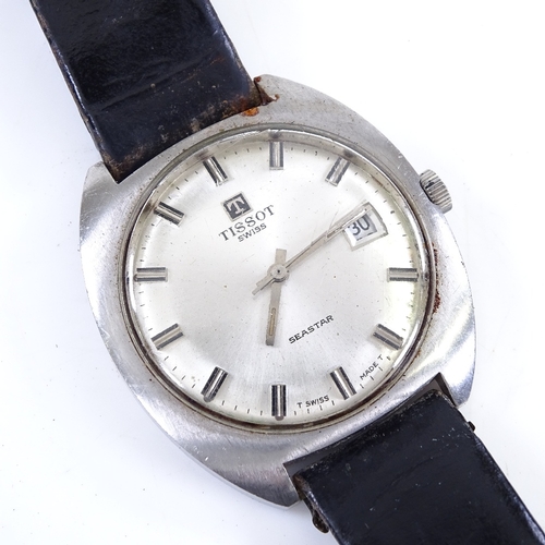 360 - TISSOT - a Vintage stainless steel Seastar mechanical wristwatch, silvered dial with baton hour mark... 