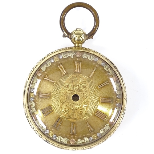 364 - An early 19th century 18ct gold pocket watch case and ornate dial, with applied gold Roman numeral h... 