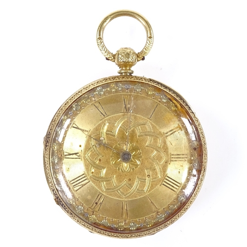 365 - An 18ct gold open-face key-wind pocket watch, with applied gold Roman numeral hour markers and engin... 