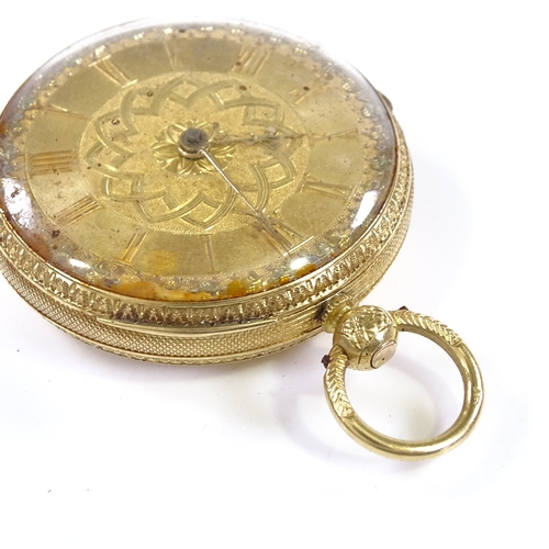 365 - An 18ct gold open-face key-wind pocket watch, with applied gold Roman numeral hour markers and engin... 