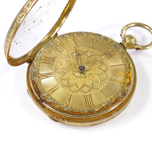 365 - An 18ct gold open-face key-wind pocket watch, with applied gold Roman numeral hour markers and engin... 