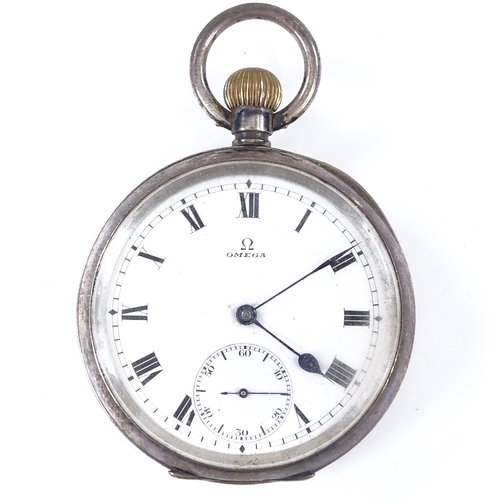 368 - OMEGA - a silver-cased open-face top-wind pocket watch, white enamel dial with Roman numeral hour ma... 