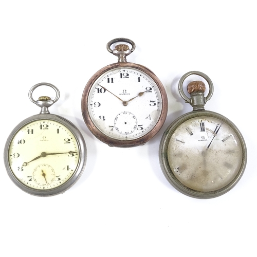 369 - OMEGA - 1 silver-cased pocket watch, and 2 steel-cased pocket watches, largest steel-cased watch wor... 