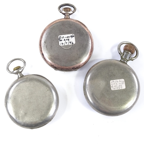 369 - OMEGA - 1 silver-cased pocket watch, and 2 steel-cased pocket watches, largest steel-cased watch wor... 