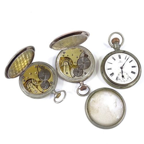 369 - OMEGA - 1 silver-cased pocket watch, and 2 steel-cased pocket watches, largest steel-cased watch wor... 