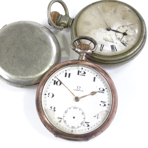 369 - OMEGA - 1 silver-cased pocket watch, and 2 steel-cased pocket watches, largest steel-cased watch wor... 