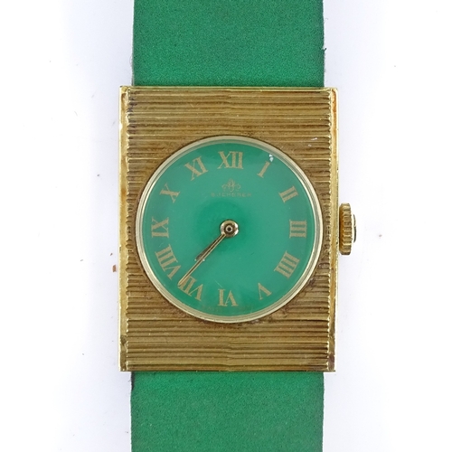 409 - BUCHERER - a lady's gold plated mechanical wristwatch, green dial with Roman numeral hour markers, 1... 