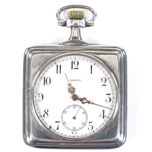 412 - OMEGA - an unmarked silver square-cased open-face top-wind pocket watch, white enamel dial with Deco... 