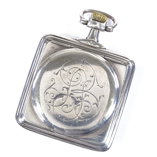 412 - OMEGA - an unmarked silver square-cased open-face top-wind pocket watch, white enamel dial with Deco... 