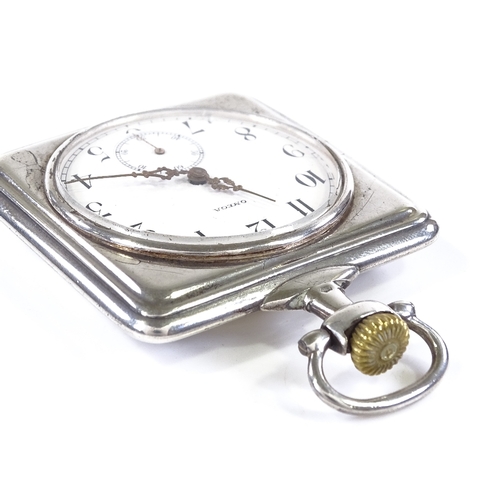 412 - OMEGA - an unmarked silver square-cased open-face top-wind pocket watch, white enamel dial with Deco... 