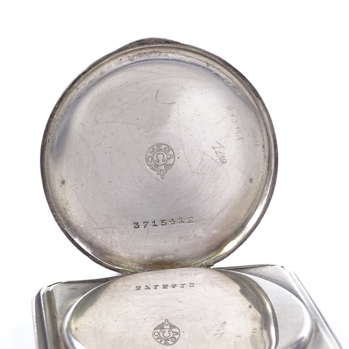 412 - OMEGA - an unmarked silver square-cased open-face top-wind pocket watch, white enamel dial with Deco... 