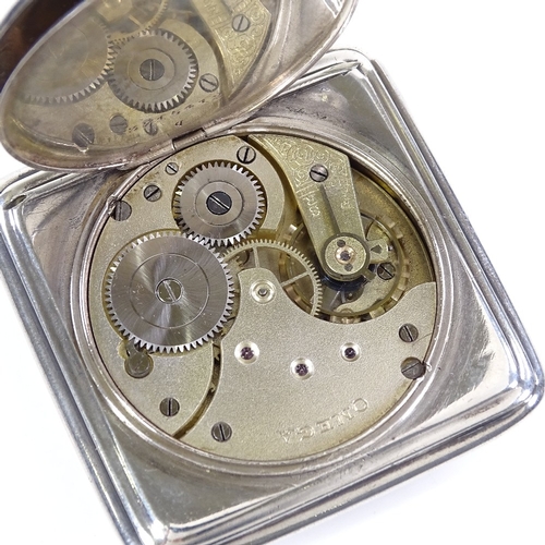 412 - OMEGA - an unmarked silver square-cased open-face top-wind pocket watch, white enamel dial with Deco... 