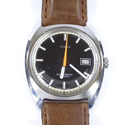 413 - TIMEX - a Vintage stainless steel automatic wristwatch, black dial with baton hour markers and date ... 