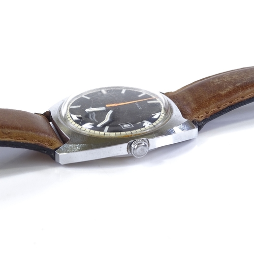 413 - TIMEX - a Vintage stainless steel automatic wristwatch, black dial with baton hour markers and date ... 