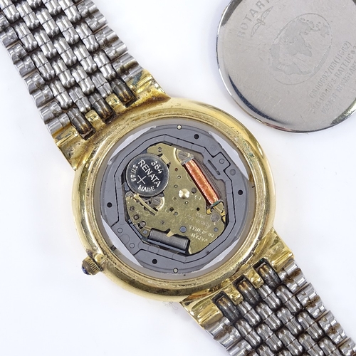 417 - ROTARY - a gold plated quartz wristwatch, cream dial with gilded baton hour markers and day date ape... 