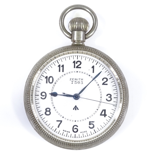 421 - ZENITH - a Royal Navy steel-cased open-face top-wind Deck pocket watch, white enamel dial with Arabi... 