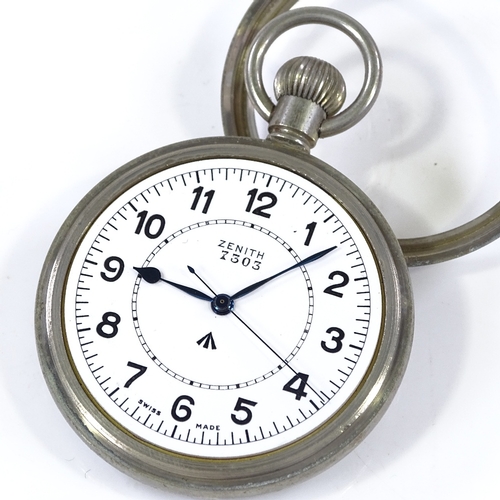 421 - ZENITH - a Royal Navy steel-cased open-face top-wind Deck pocket watch, white enamel dial with Arabi... 