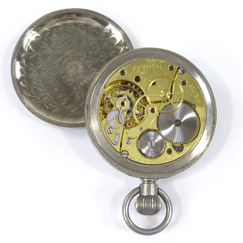 421 - ZENITH - a Royal Navy steel-cased open-face top-wind Deck pocket watch, white enamel dial with Arabi... 