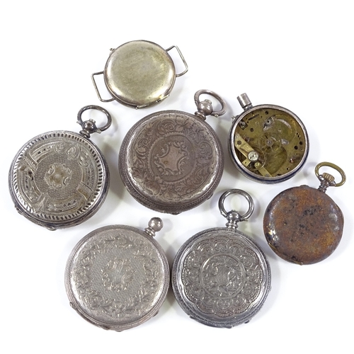 428 - 6 silver-cased open-face fob watches, and a gun metal fob watch (7)