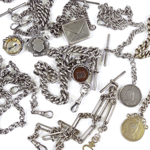 431 - 9 various silver Albert chains, some with fobs, T-bars and dog clips, 400g total (9)